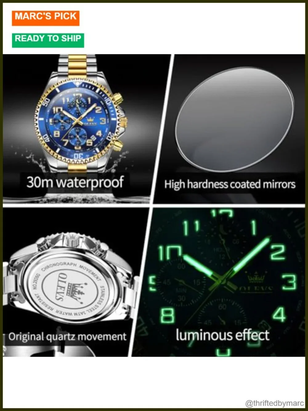 Chronograph Dress Watch Stainless Steel Luminous Moon Phase Business Calendar